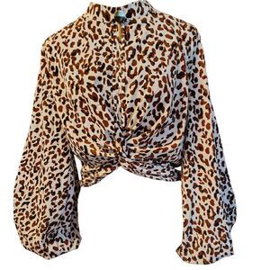 Main Strip Leopard Print Twist Bodice Long Bishop Sleeve Zip Back Blouse Size M